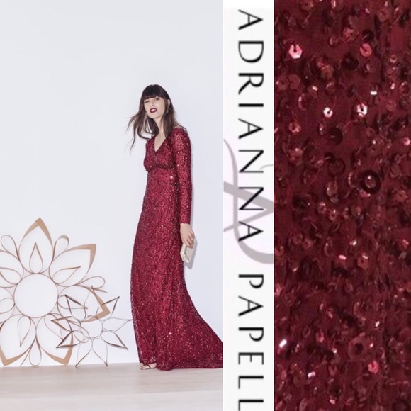 Adrianna Papell Long Sleeve V-neck beaded evening long gown - Picture 4 of 17